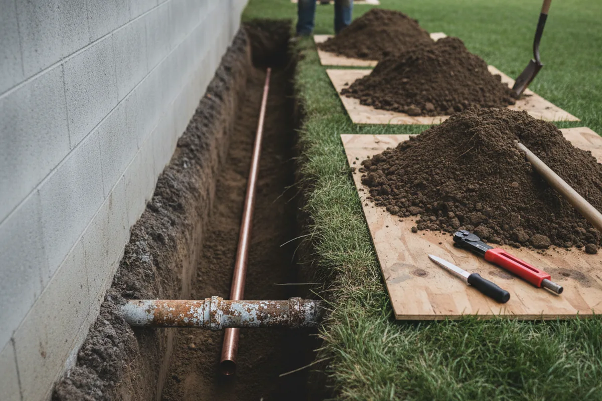 Excavated water line trench during Sewer Line Repair in Winterville